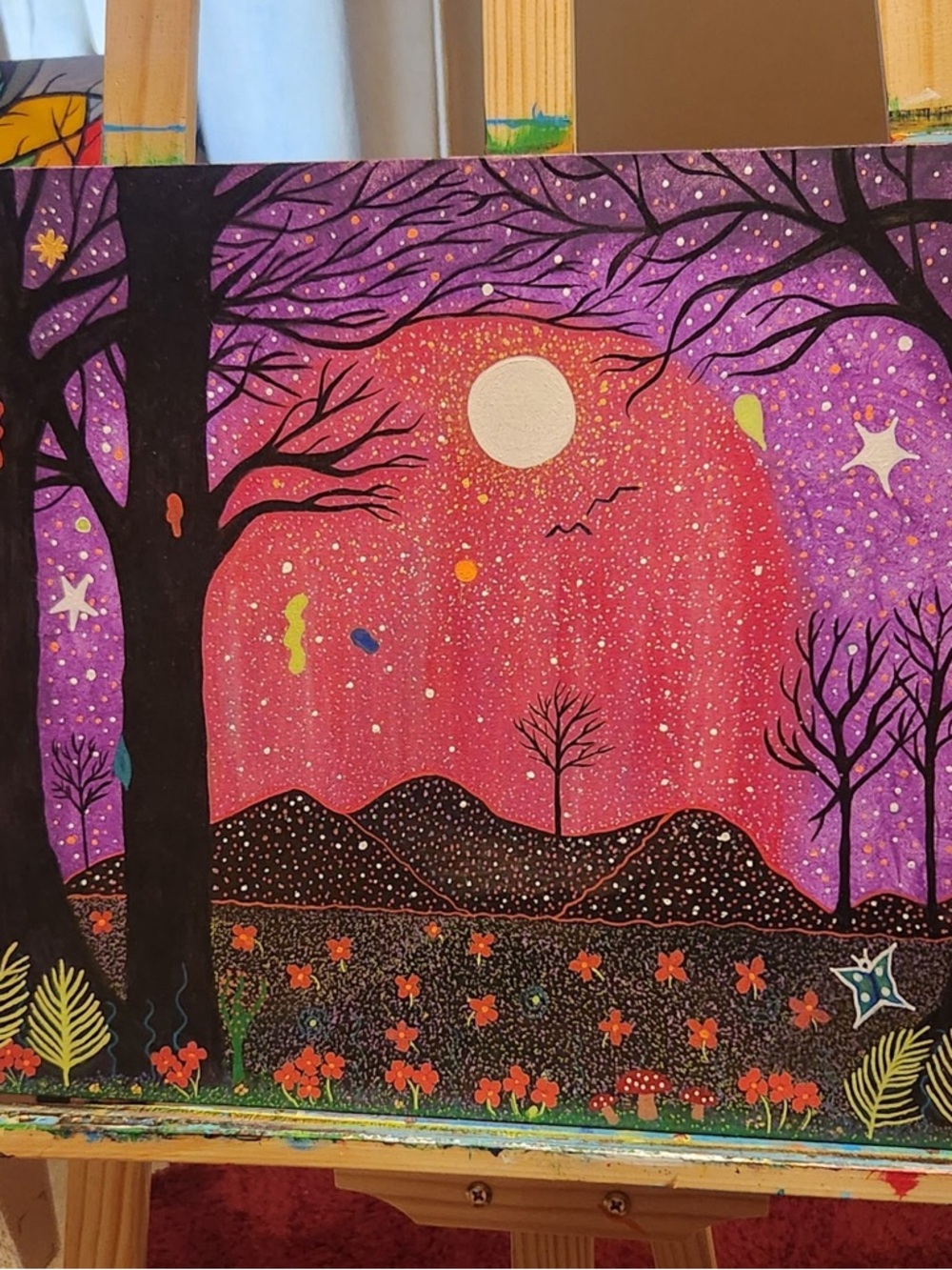 “Stardust Solitude” Vibrant Moonlit Landscape Original by East TN artist 16x20